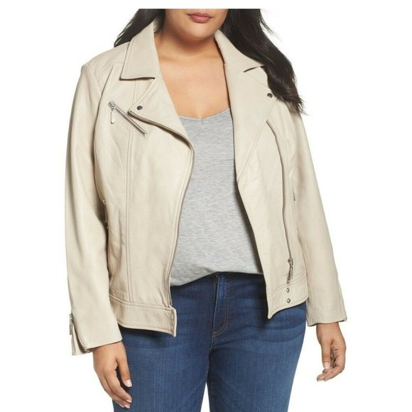 HALOGEN Asymmetrical Leather MOTO BIKER CHIC Jacket PLUS SIZE 3X BONE